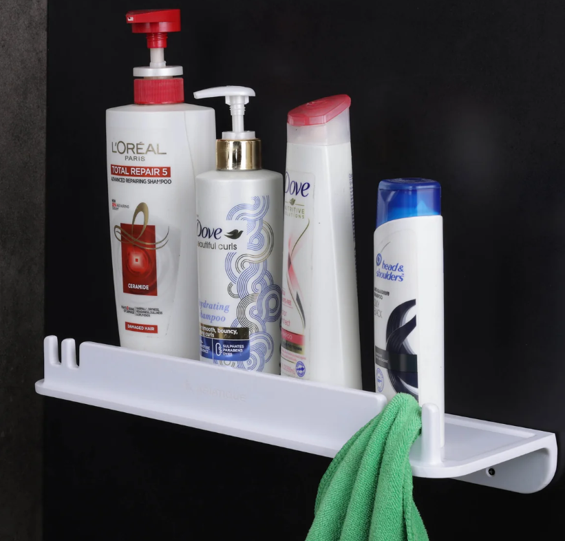 Semi Ceramic Shower Rack NX-512 | Wall Mounted Bathroom Storage Shelf with Drain Hole & Towel Holder | 15.43 Inch
