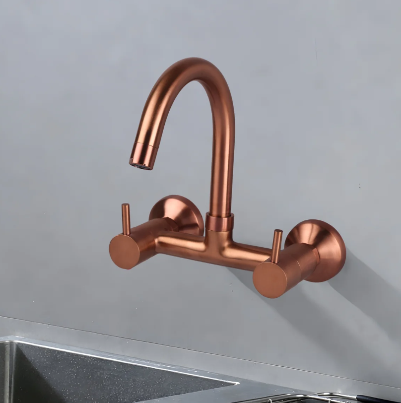 SINK MIXER WITH SWIVEL ‘J’ SPOUT WALL MOUNTED – FLORENT BRUSH ROSE GOLD SERIES (FRG-013 M)